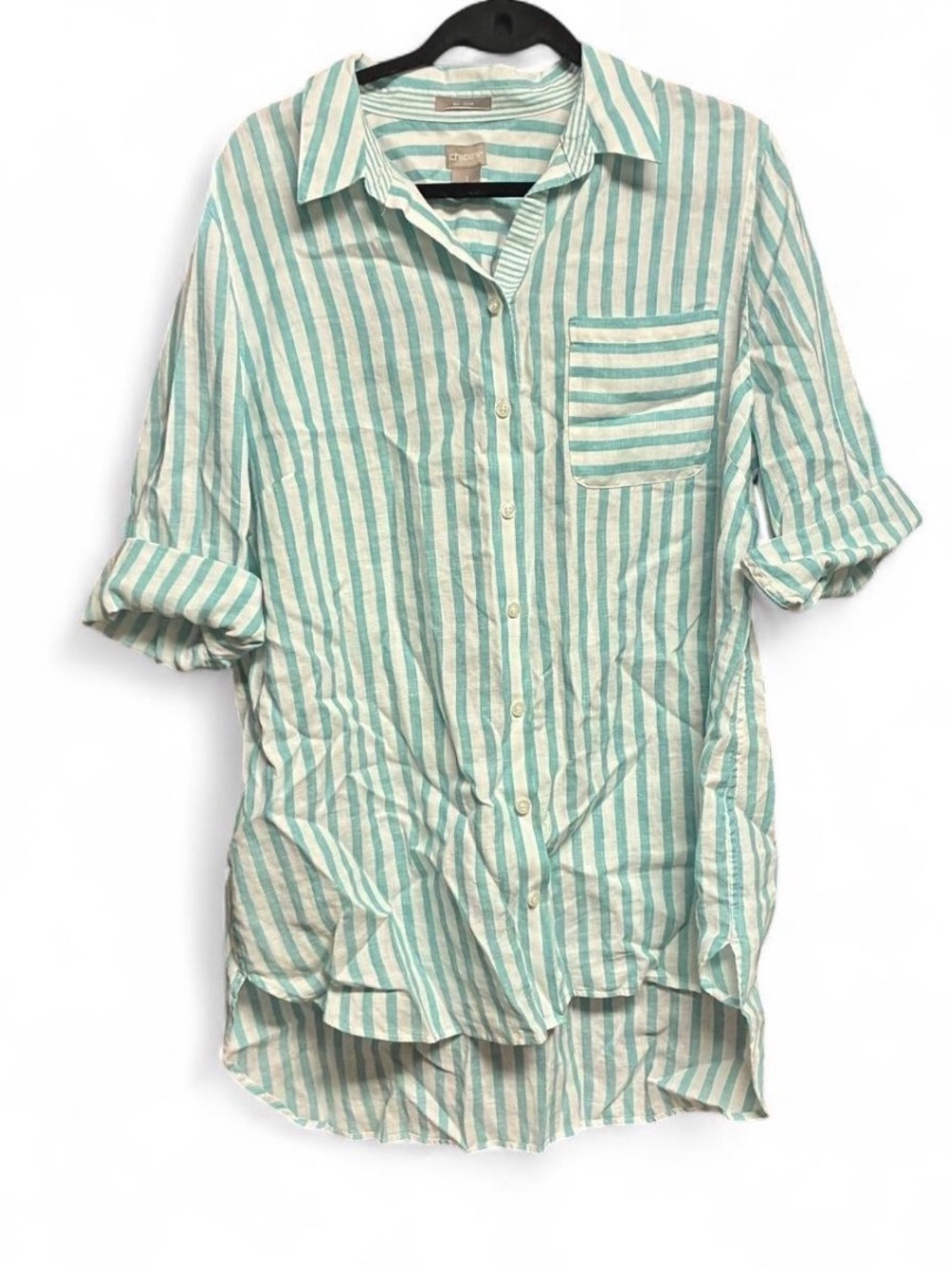 Chico's Mint Green and White Striped Button-Down Shirt